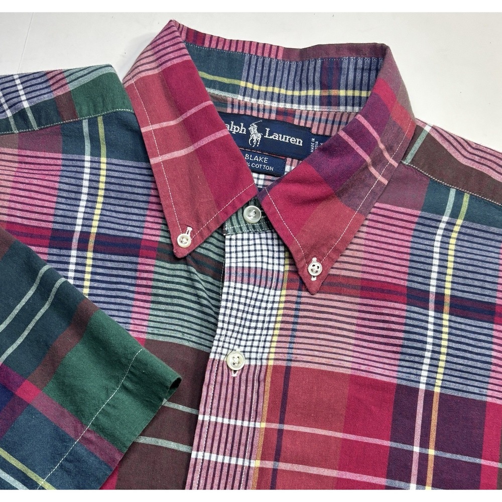 Ralph Lauren Blake Mens Large Red Green Plaid Short Sleeve Cotton‎ Button Down
